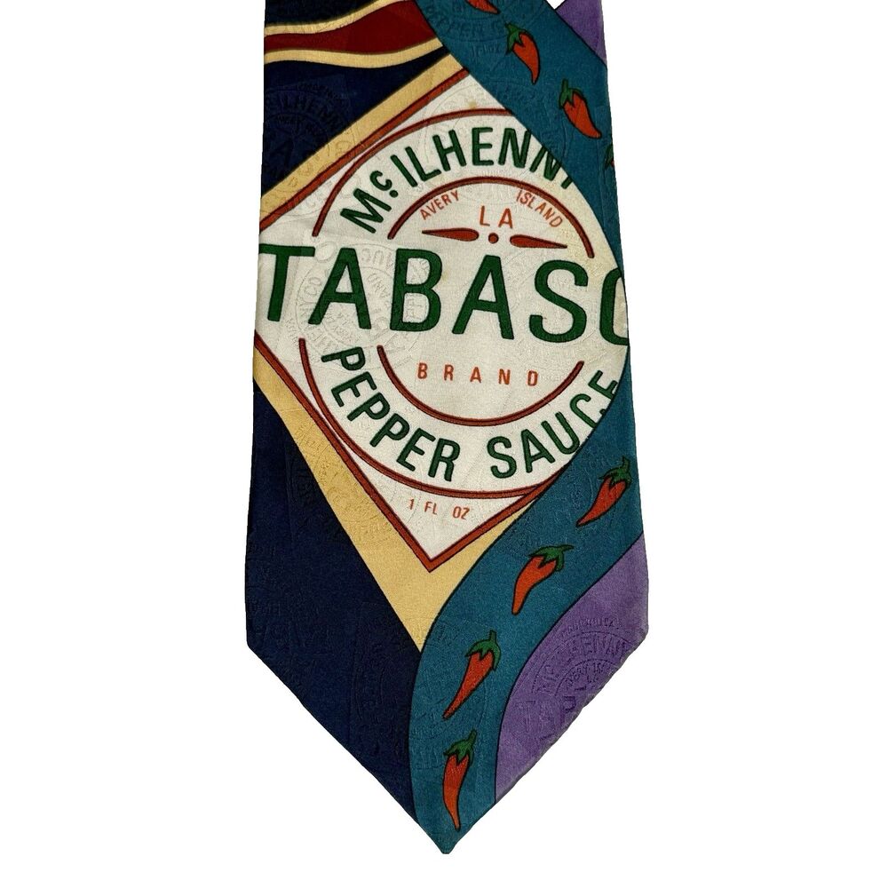TABASCO Hot Sauce Men's Silk Tie Red Blue Yellow Chili Peppers Novelty 55.5"x4"